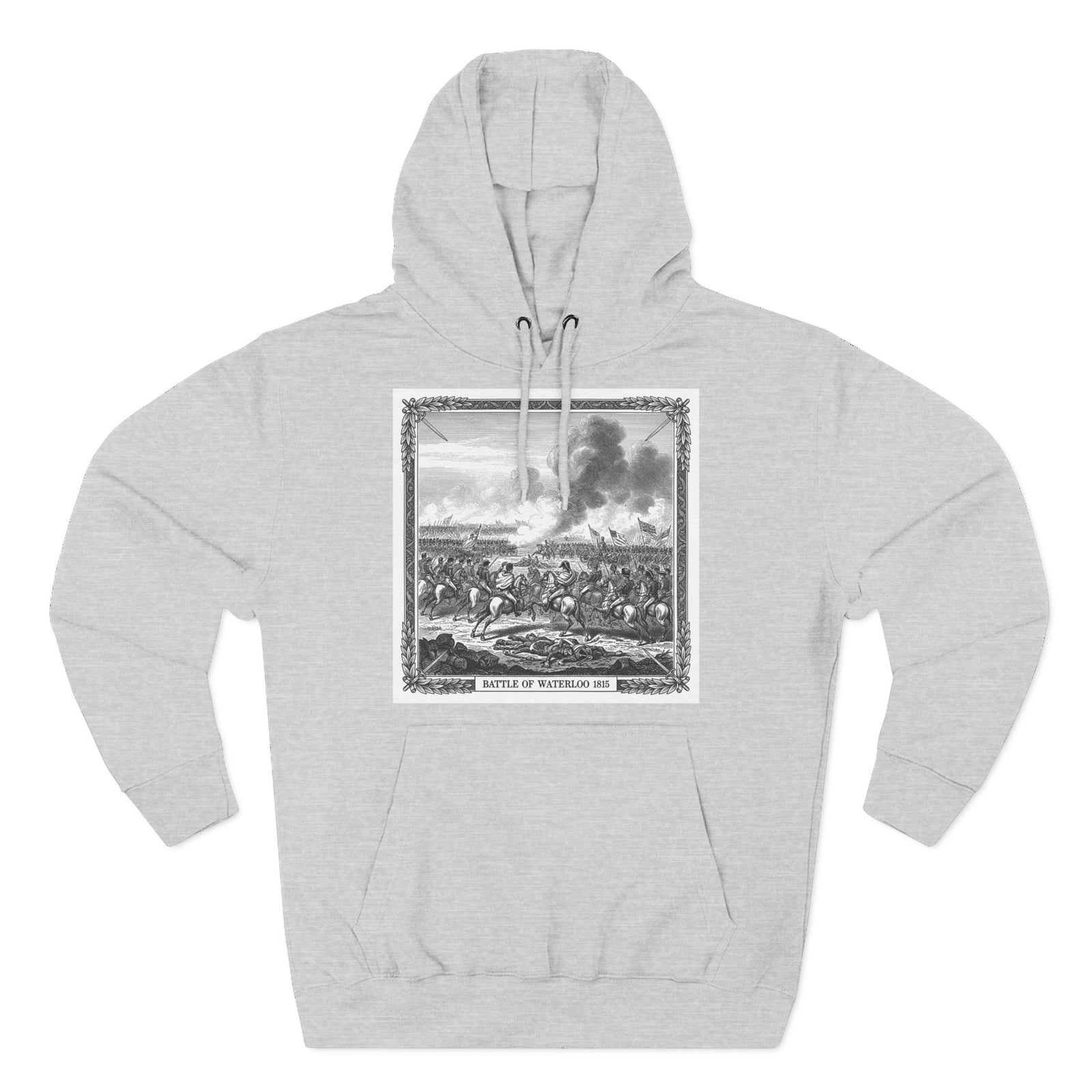 Gray hoodie by S&W Gallus featuring a print of the Battle of Waterloo 1815 on the front.