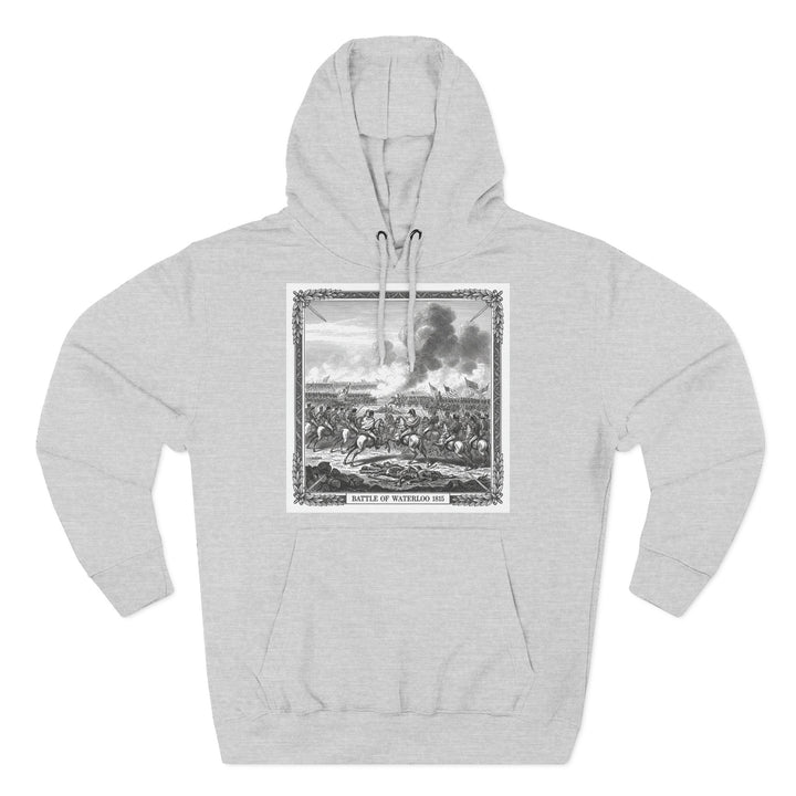 Gray hoodie by S&amp;W Gallus featuring a print of the Battle of Waterloo 1815 on the front.