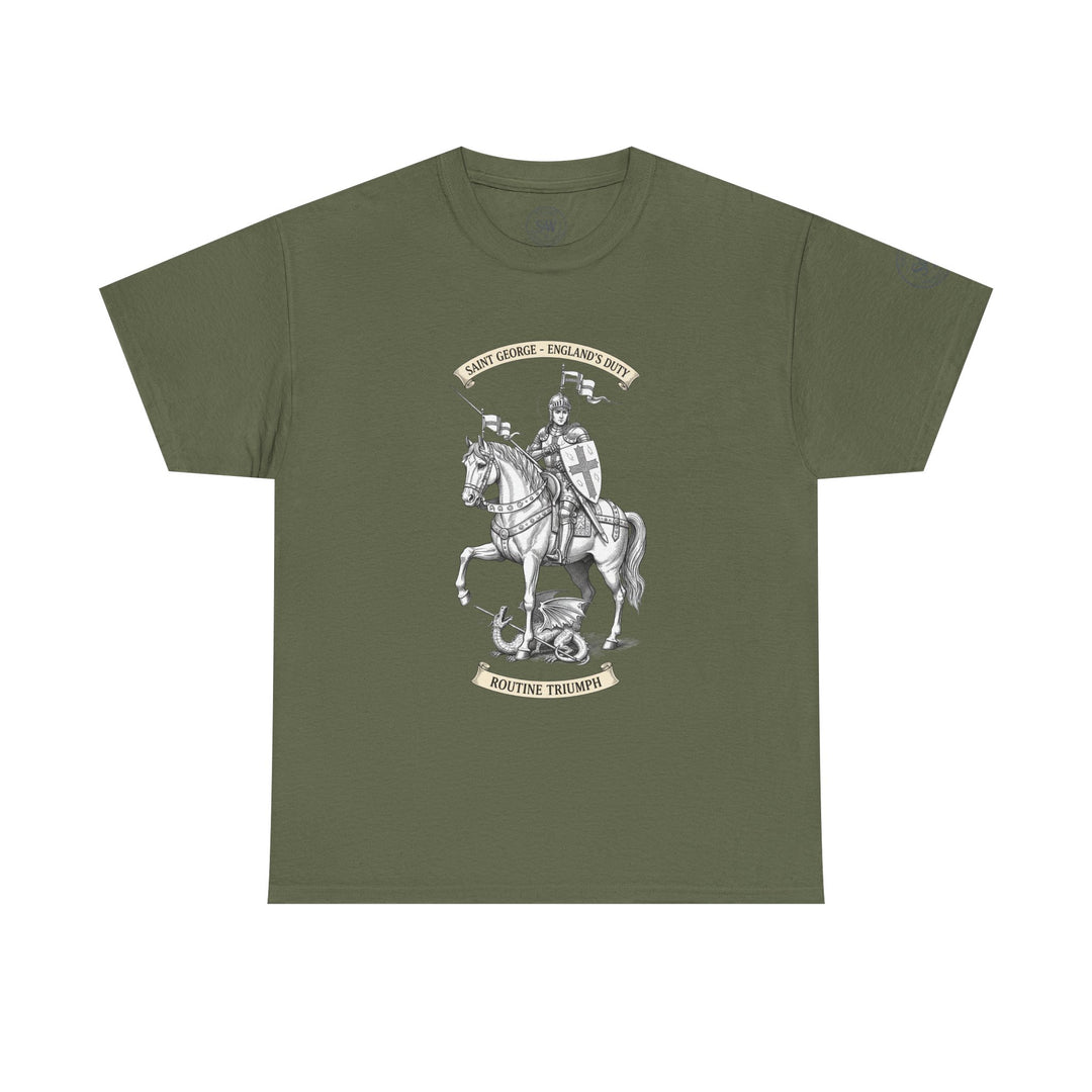 Olive green England Saint George tee by S&amp;W Gallus with a knight and dragon graphic on the front.
