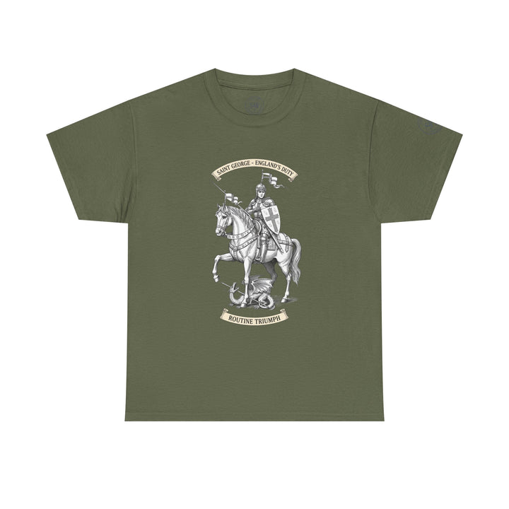Olive green England Saint George tee by S&amp;W Gallus with a knight and dragon graphic on the front.