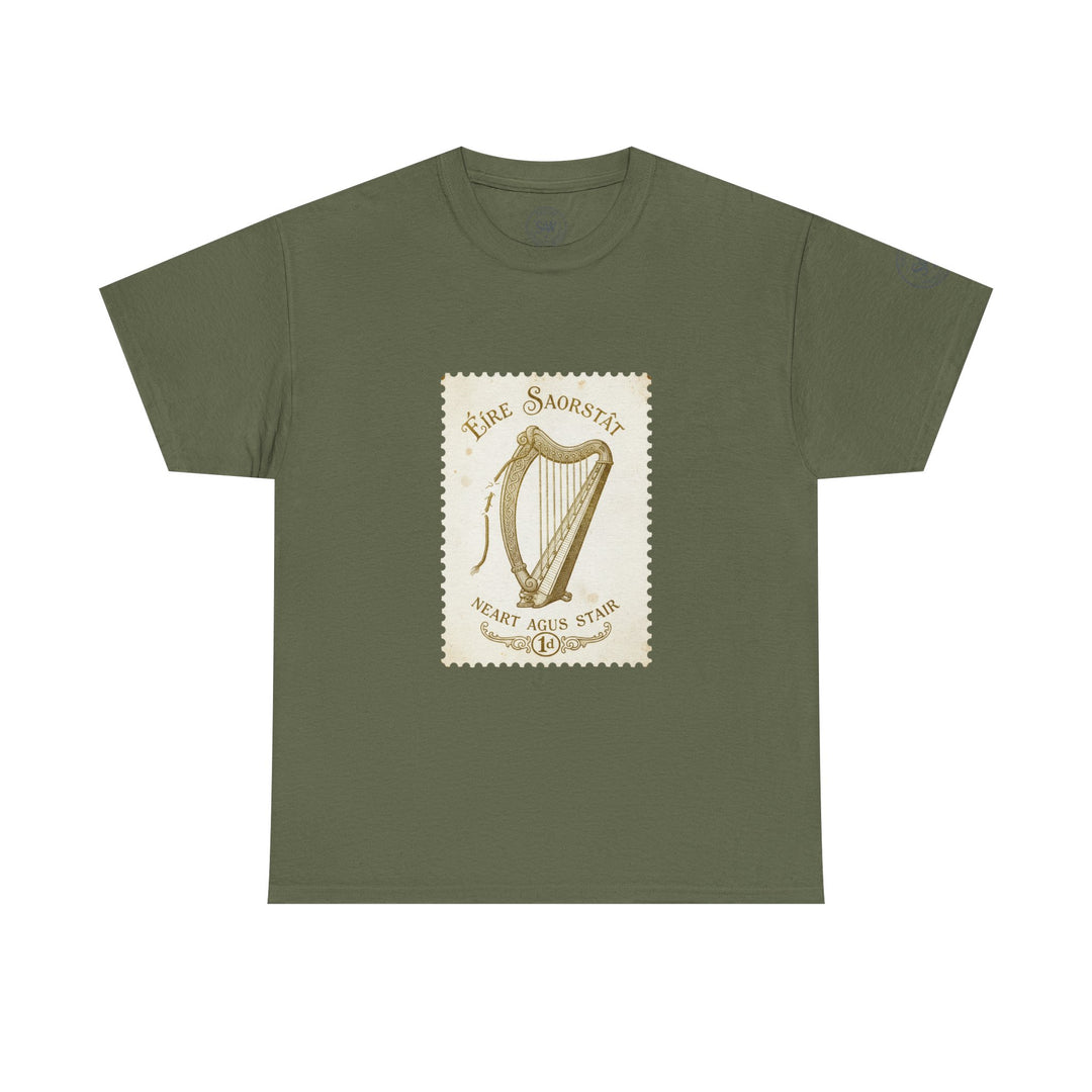 Olive green t-shirt by S&amp;W Gallus featuring a vintage-style Irish harp stamp graphic on the chest.