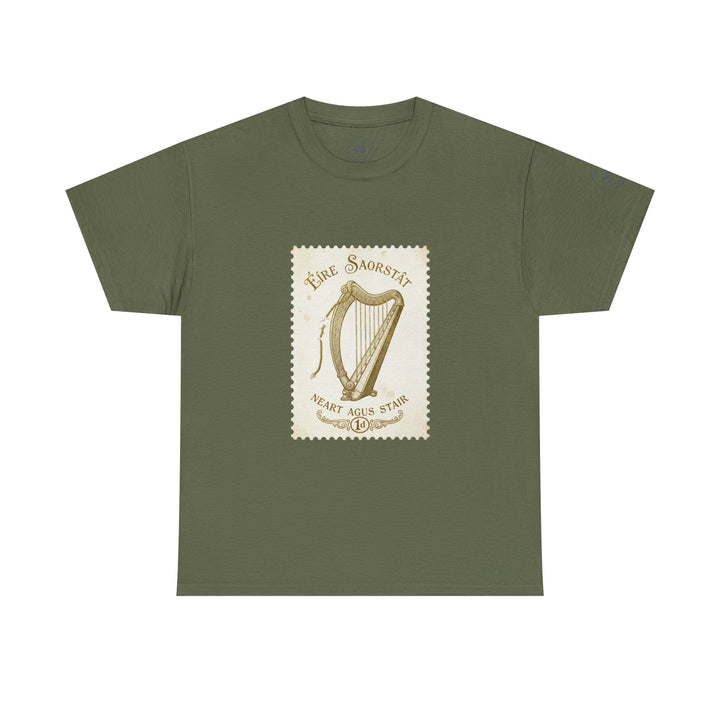 Olive green t-shirt by S&amp;W Gallus featuring a vintage-style Irish harp stamp graphic on the chest.
