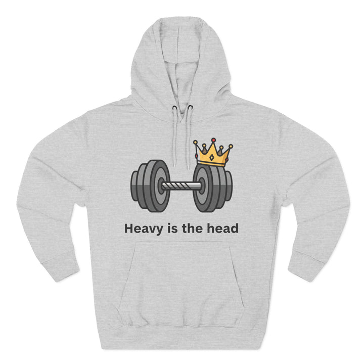 Gray hooded sweatshirt by S&amp;W Gallus, featuring a weightlifting barbell with a crown and "Heavy is the head" text.
