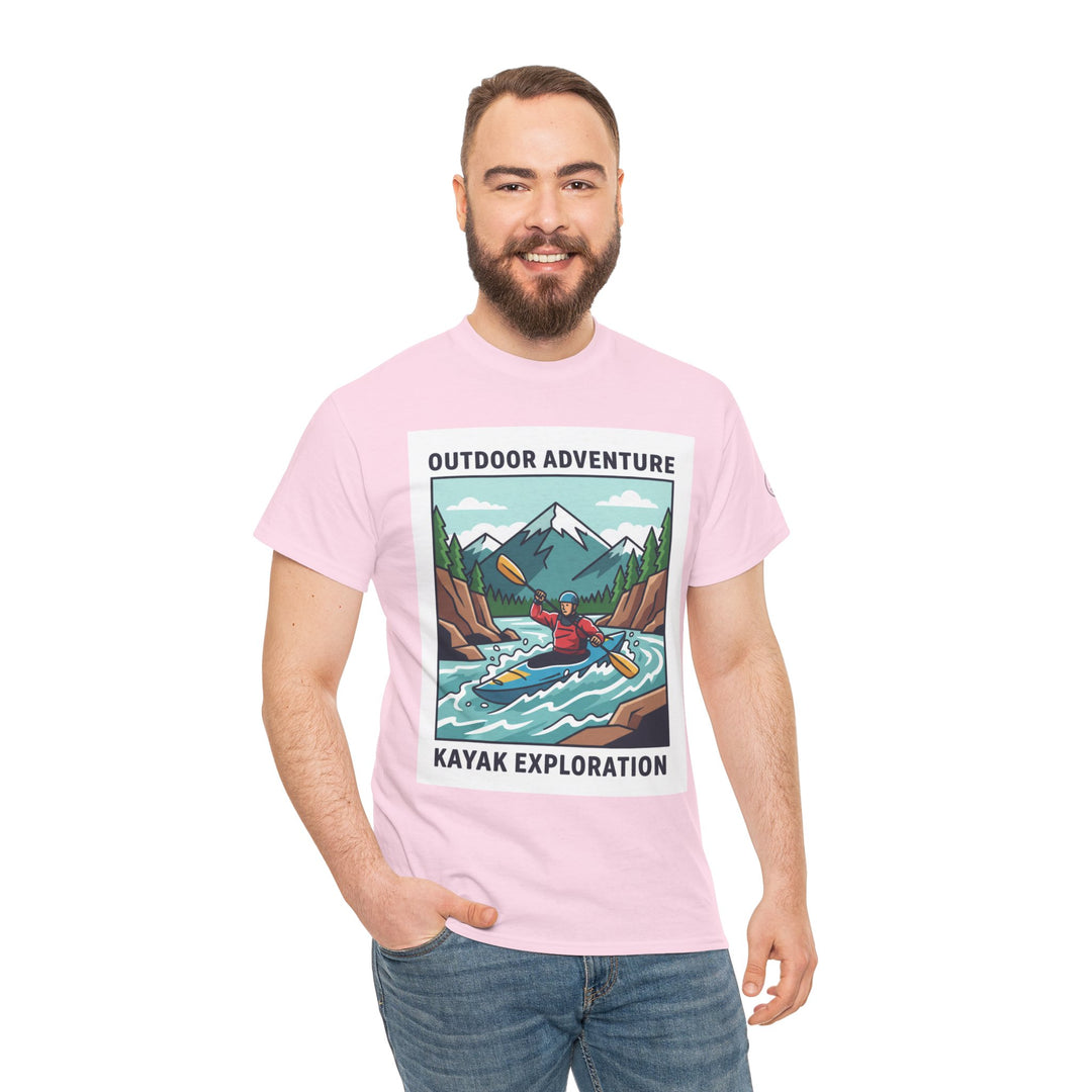 Pink Kayak Exploration T-shirt by S&amp;W Gallus, featuring an outdoor adventure graphic, worn with jeans.