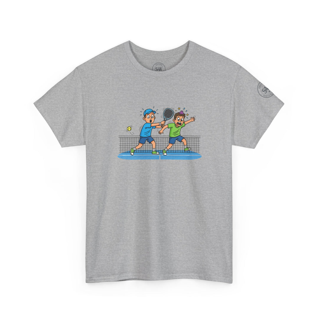 Gray graphic tee by S&amp;W Gallus featuring two cartoon padel players on the front.