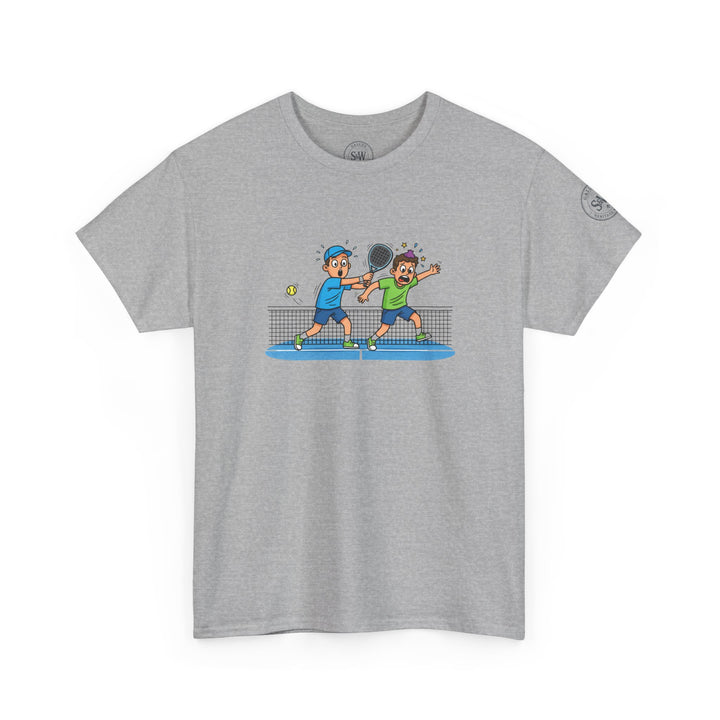 Gray graphic tee by S&amp;W Gallus featuring two cartoon padel players on the front.