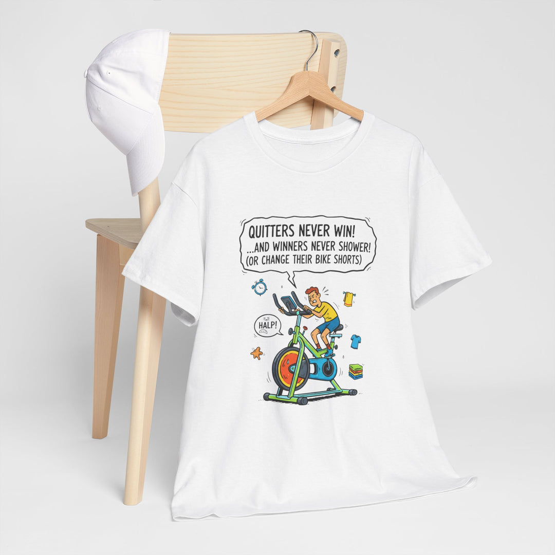 Spin Motivational Tee – soft, breathable cotton featuring an inspiring cycling graphic. Perfect for spin classes, workouts, and active lifestyle wear.