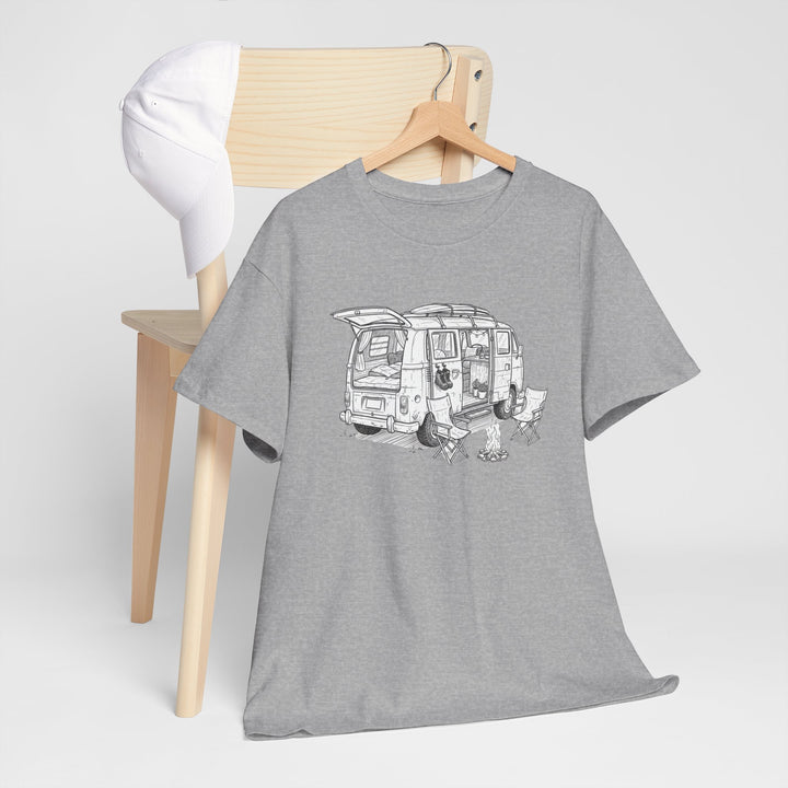 Open Van Sketch T-Shirt featuring a detailed van illustration. Soft, breathable cotton with a relaxed fit for everyday casual style.