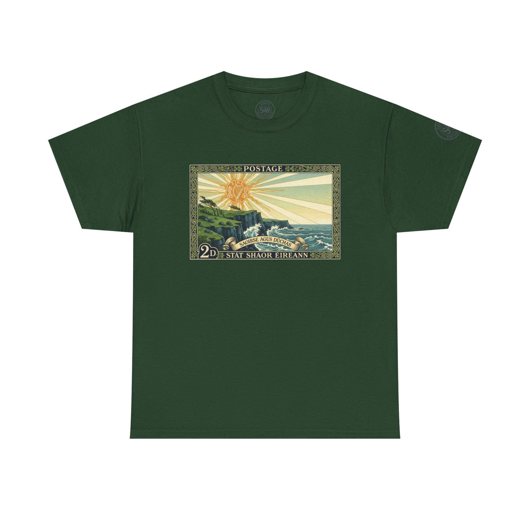Green t-shirt by S&amp;W Gallus with a vintage Irish postage stamp design on the front.