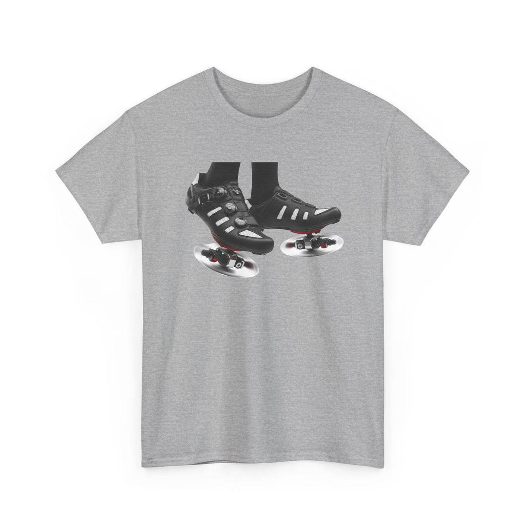 Spin Shoes Tee – soft, breathable cotton featuring a cycling shoes graphic. Perfect for spin classes, indoor workouts, and casual activewear.