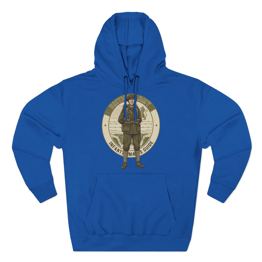 Blue vintage hoodie by S&amp;W Gallus with a British Army infantry design on the chest.