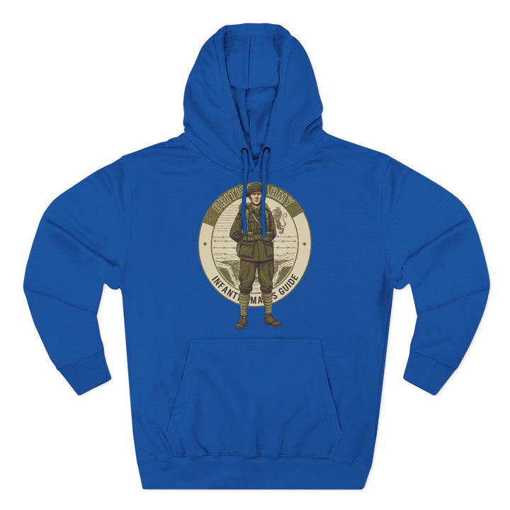 Blue vintage hoodie by S&amp;W Gallus with a British Army infantry design on the chest.