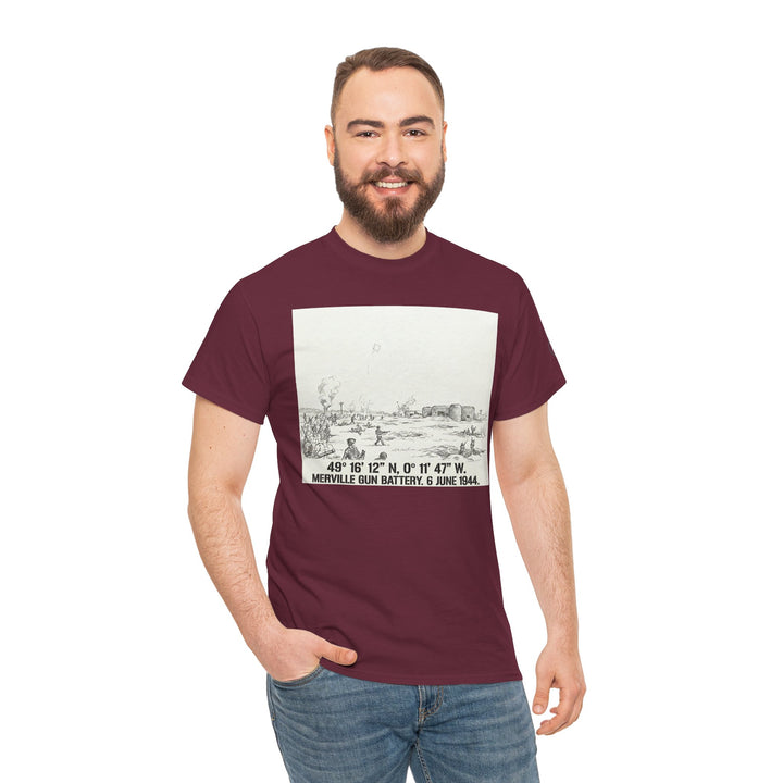 Burgundy t-shirt by Veteran owned, displaying a Merville Gun Battery sketch with D-Day coordinates and date, worn with jeans.
