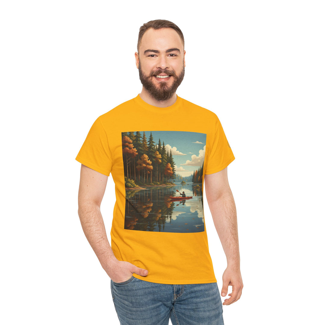 Yellow t-shirt by S&amp;W Gallus, featuring a lake and canoe design on the front, worn with jeans.