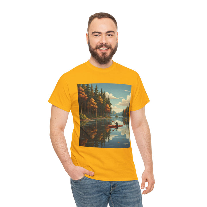 Yellow t-shirt by S&amp;W Gallus, featuring a lake and canoe design on the front, worn with jeans.