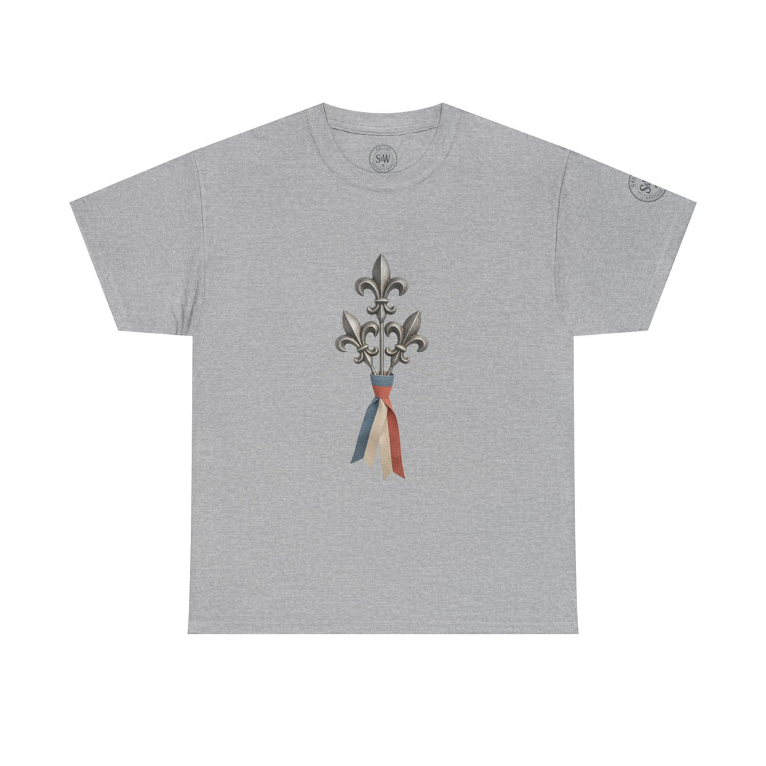 Gray t-shirt by S&amp;W Gallus, featuring a fleur-de-lis illustration with an attached ribbon.
