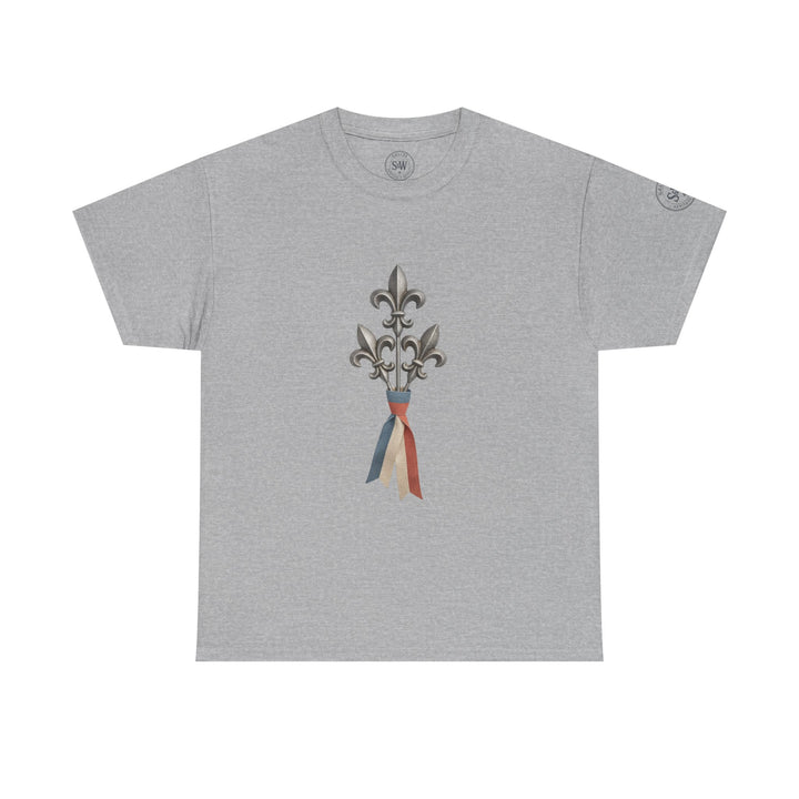 Gray t-shirt by S&amp;W Gallus, featuring a fleur-de-lis illustration with an attached ribbon.
