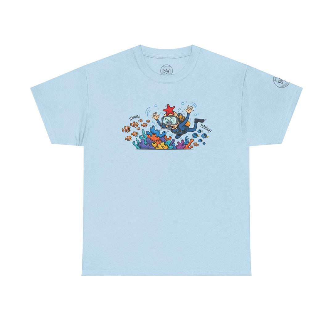 Light blue Diver Coral Reef T-shirt by S&amp;W Gallus, featuring a cartoon diver with colorful coral and fish.