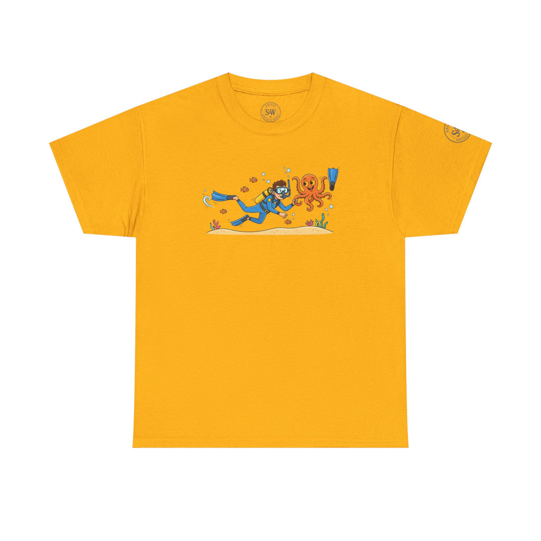 Yellow t-shirt by S&amp;W Gallus featuring a diver and octopus cartoon graphic.