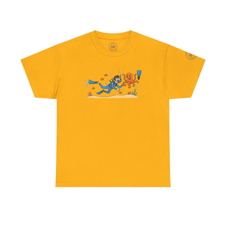 Yellow t-shirt by S&amp;W Gallus featuring a diver and octopus cartoon graphic.