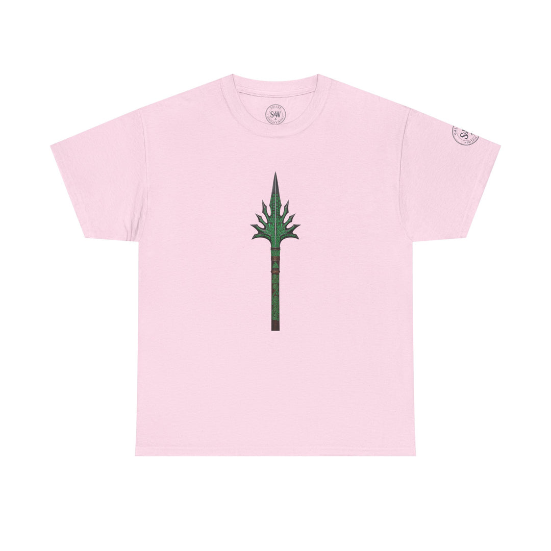 Pink t-shirt by S&amp;W Gallus, featuring a green spear graphic on the front.