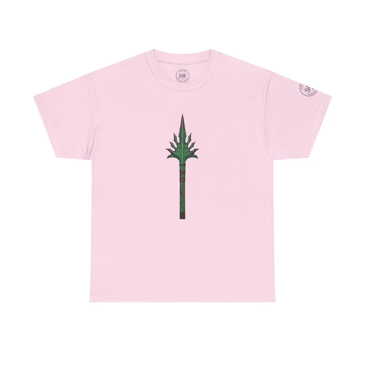 Pink t-shirt by S&amp;W Gallus, featuring a green spear graphic on the front.
