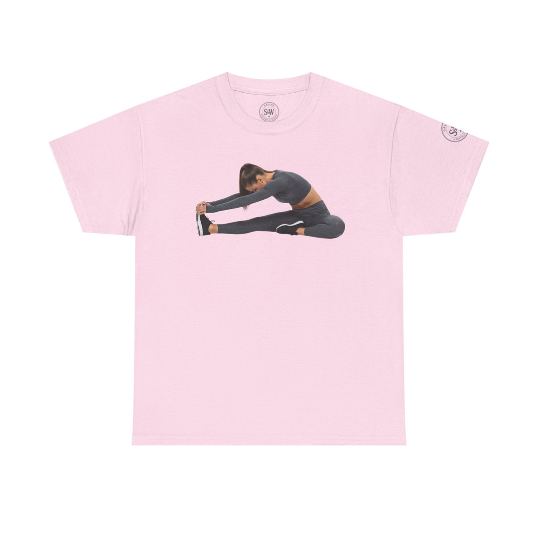 Pink t-shirt by S&amp;W Gallus, featuring a print of a woman stretching, short sleeves and crew neck.