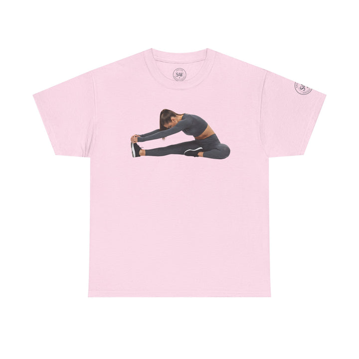 Pink t-shirt by S&amp;W Gallus, featuring a print of a woman stretching, short sleeves and crew neck.