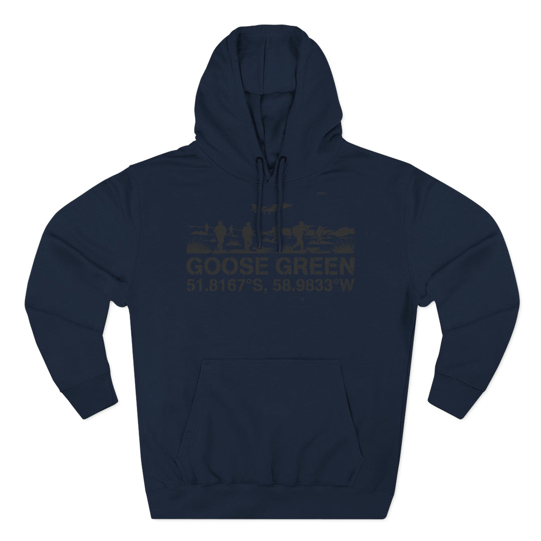 Navy blue hoodie by S&amp;W Gallus featuring a drawstring hood and a "Goose Green" graphic.