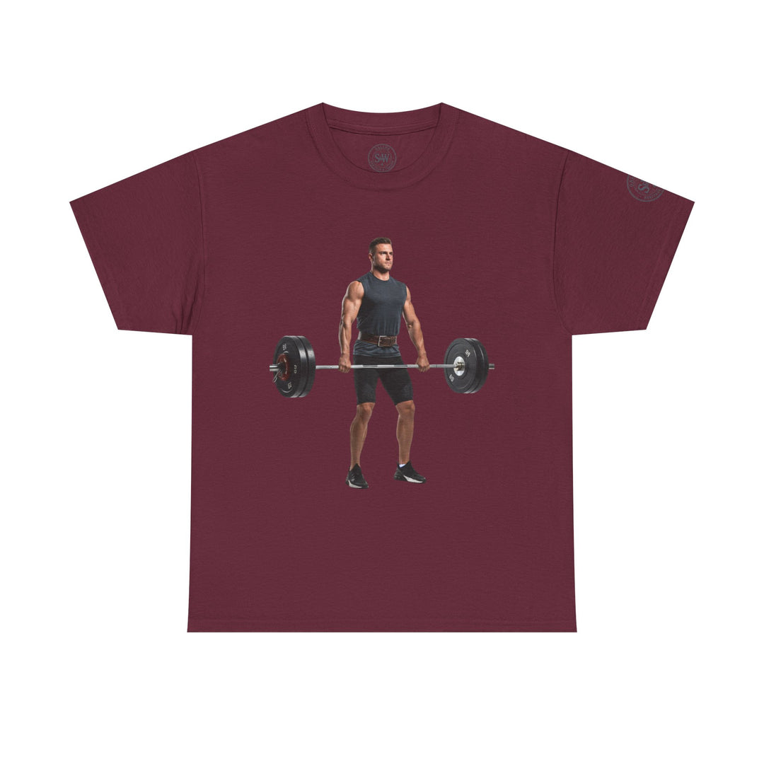 Maroon t-shirt by S&amp;W Gallus featuring a weightlifter graphic on the front.
