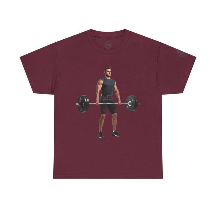 Maroon t-shirt by S&amp;W Gallus featuring a weightlifter graphic on the front.