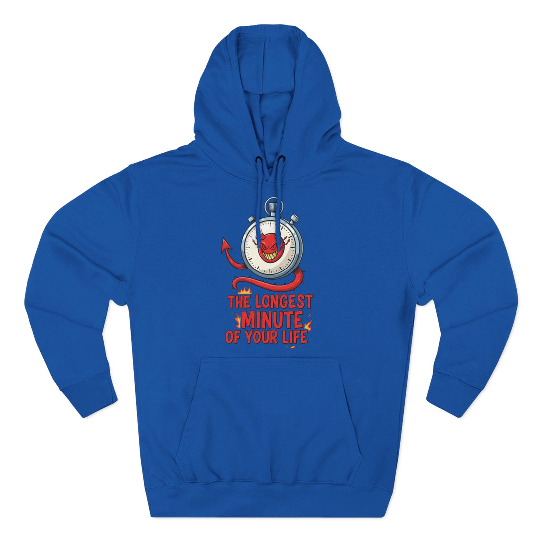Blue hoodie by S&amp;W Gallus, featuring a stopwatch graphic with a devil inside and text.