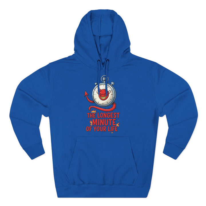 Blue hoodie by S&amp;W Gallus, featuring a stopwatch graphic with a devil inside and text.