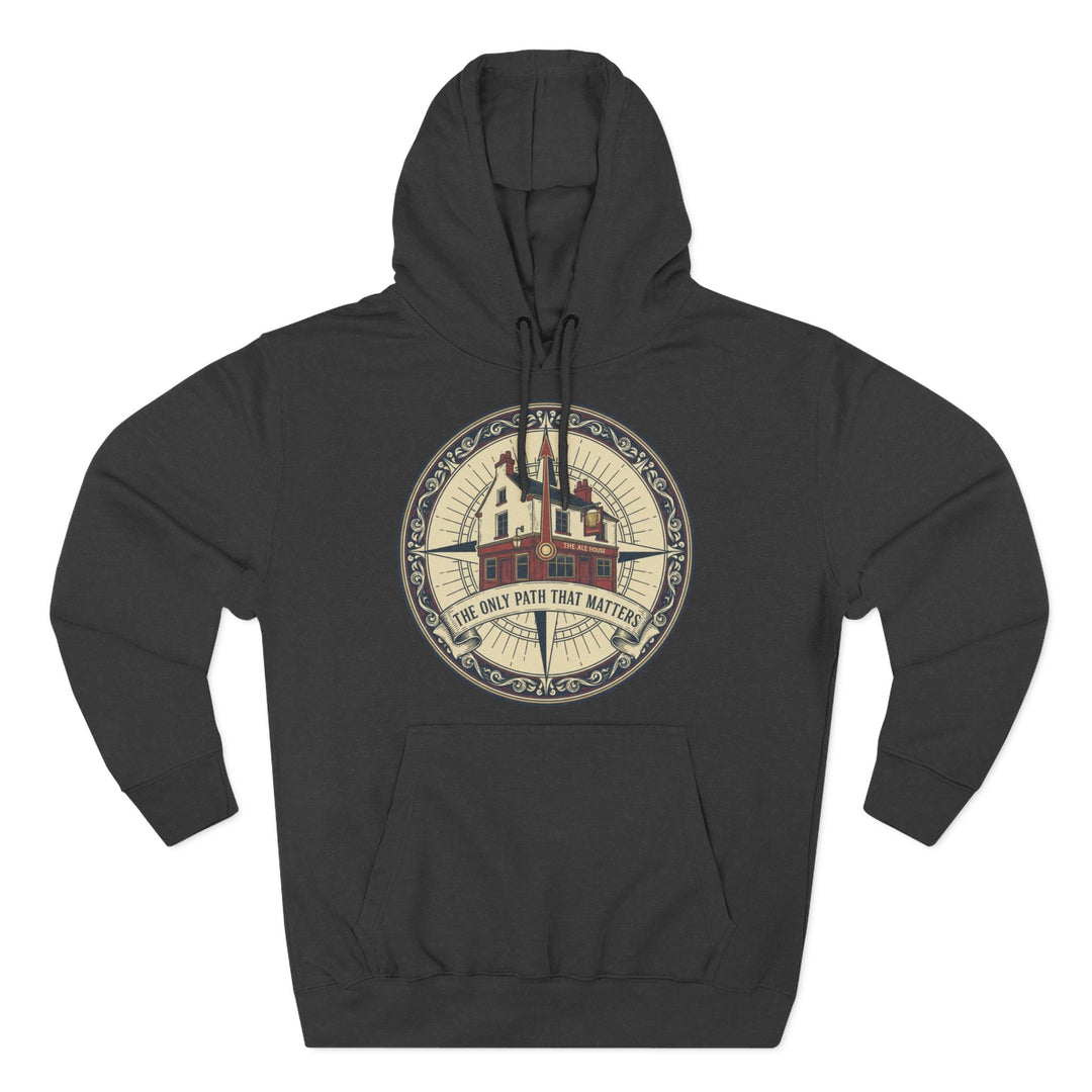 Heather grey hoodie by S&amp;W Gallus featuring a compass-themed graphic with a building and "The Only Path That Matters" text.