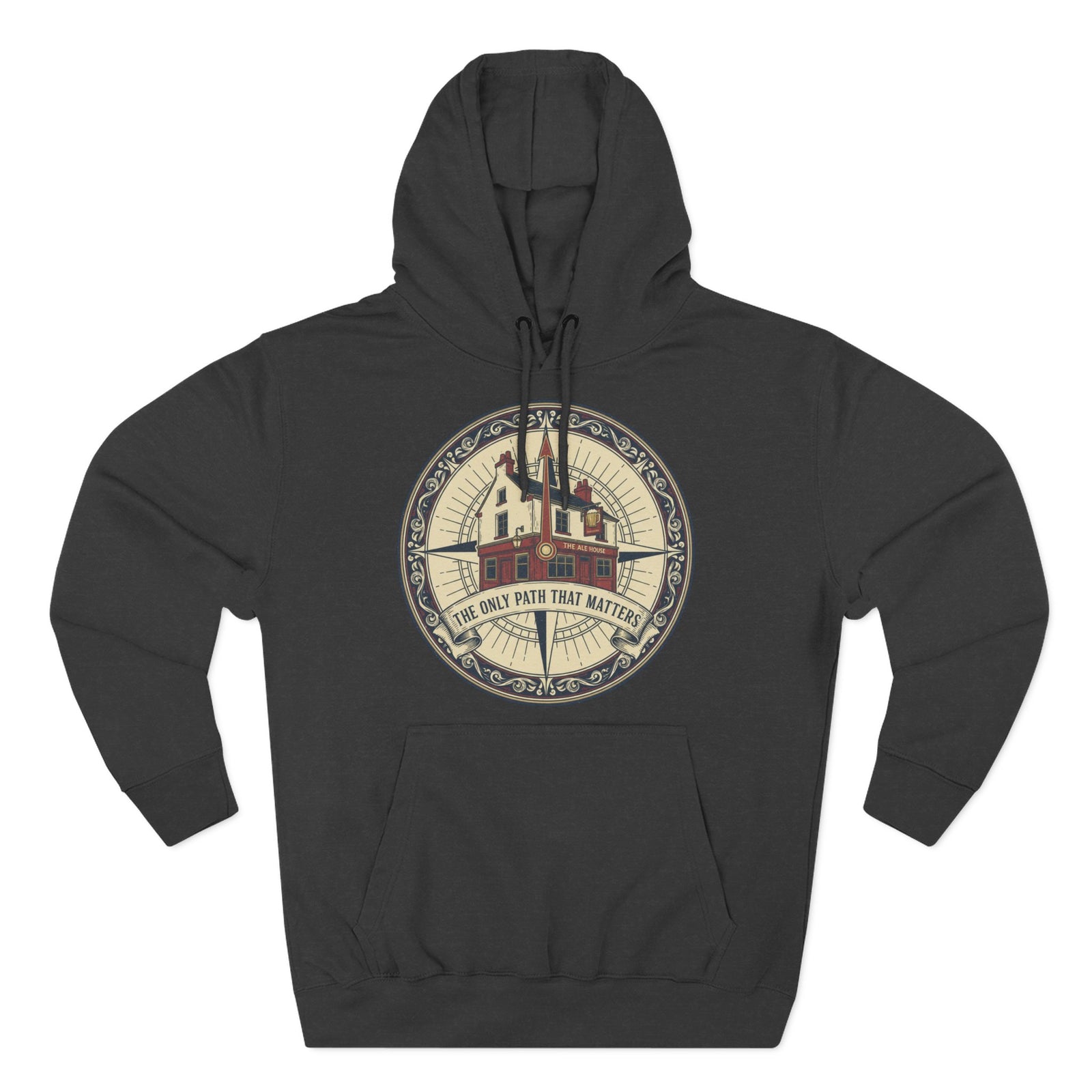 Heather grey hoodie by S&W Gallus featuring a compass-themed graphic with a building and "The Only Path That Matters" text.