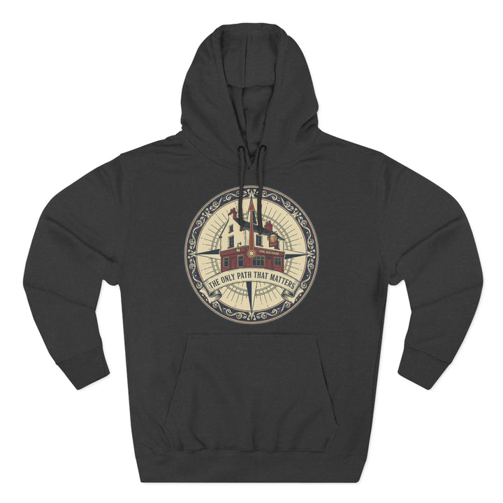 Heather grey hoodie by S&amp;W Gallus featuring a compass-themed graphic with a building and "The Only Path That Matters" text.