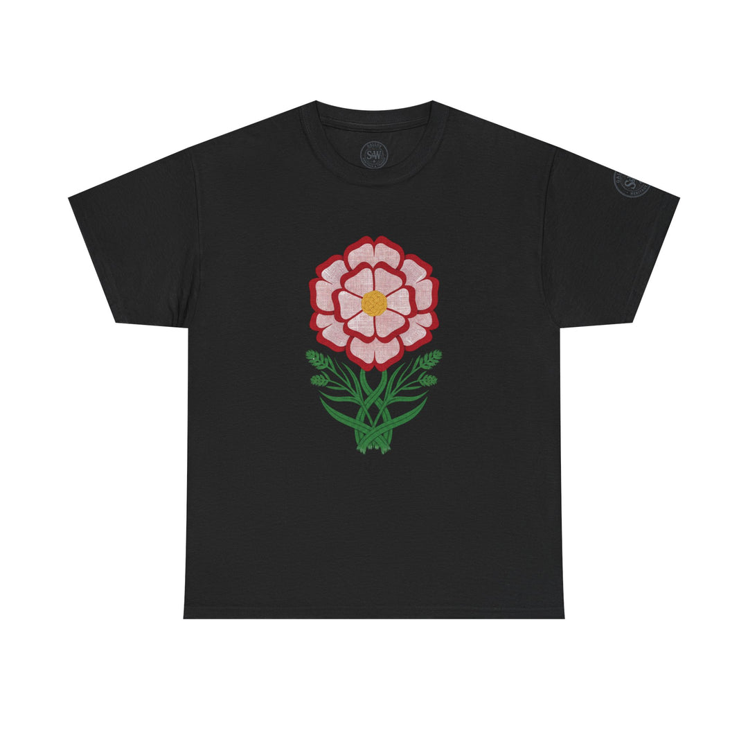 Black t-shirt by S&amp;W Gallus featuring a floral Tudor rose graphic on the front.