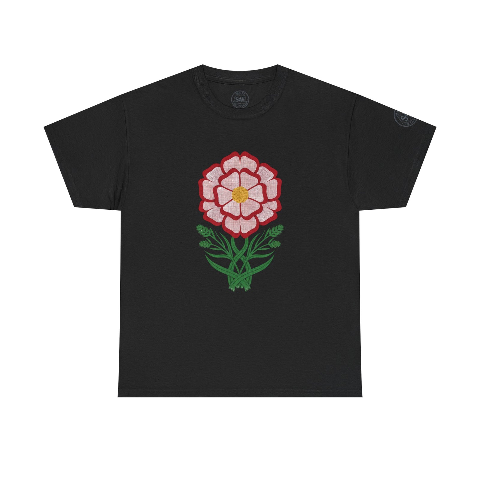 Black t-shirt by S&W Gallus featuring a floral Tudor rose graphic on the front.