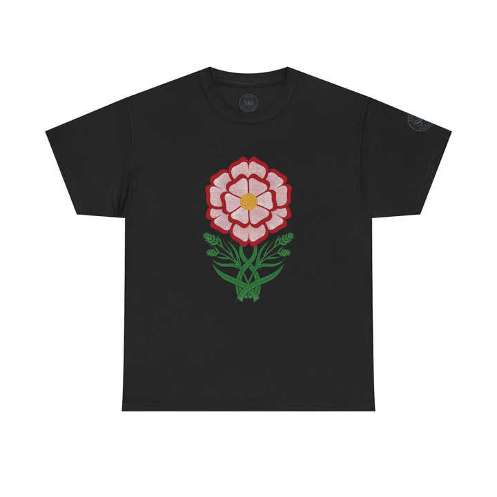 Black t-shirt by S&amp;W Gallus featuring a floral Tudor rose graphic on the front.