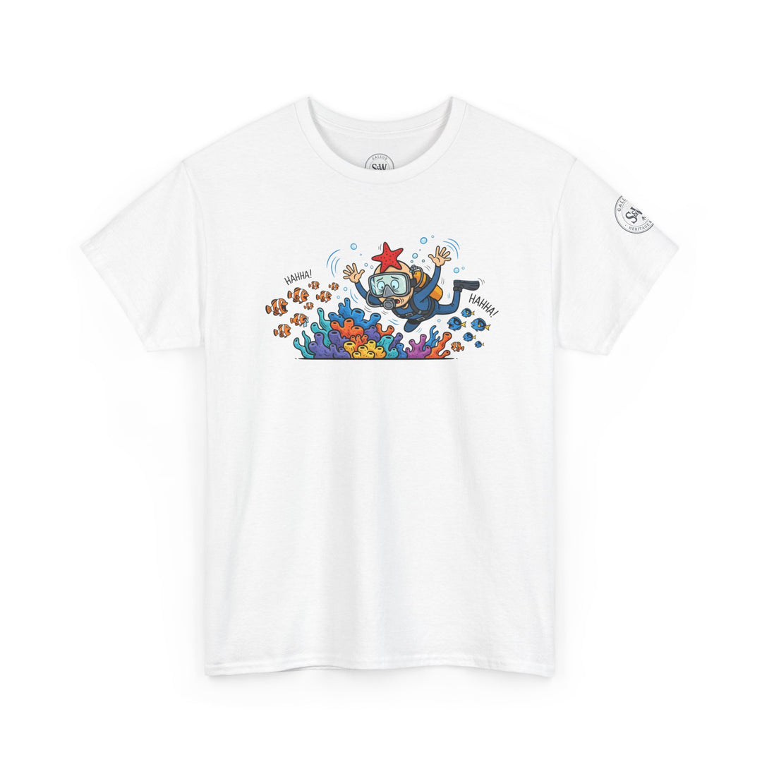 White t-shirt by S&amp;W Gallus featuring a cartoon scuba diver and coral reef graphic with "HAHHA!" text.