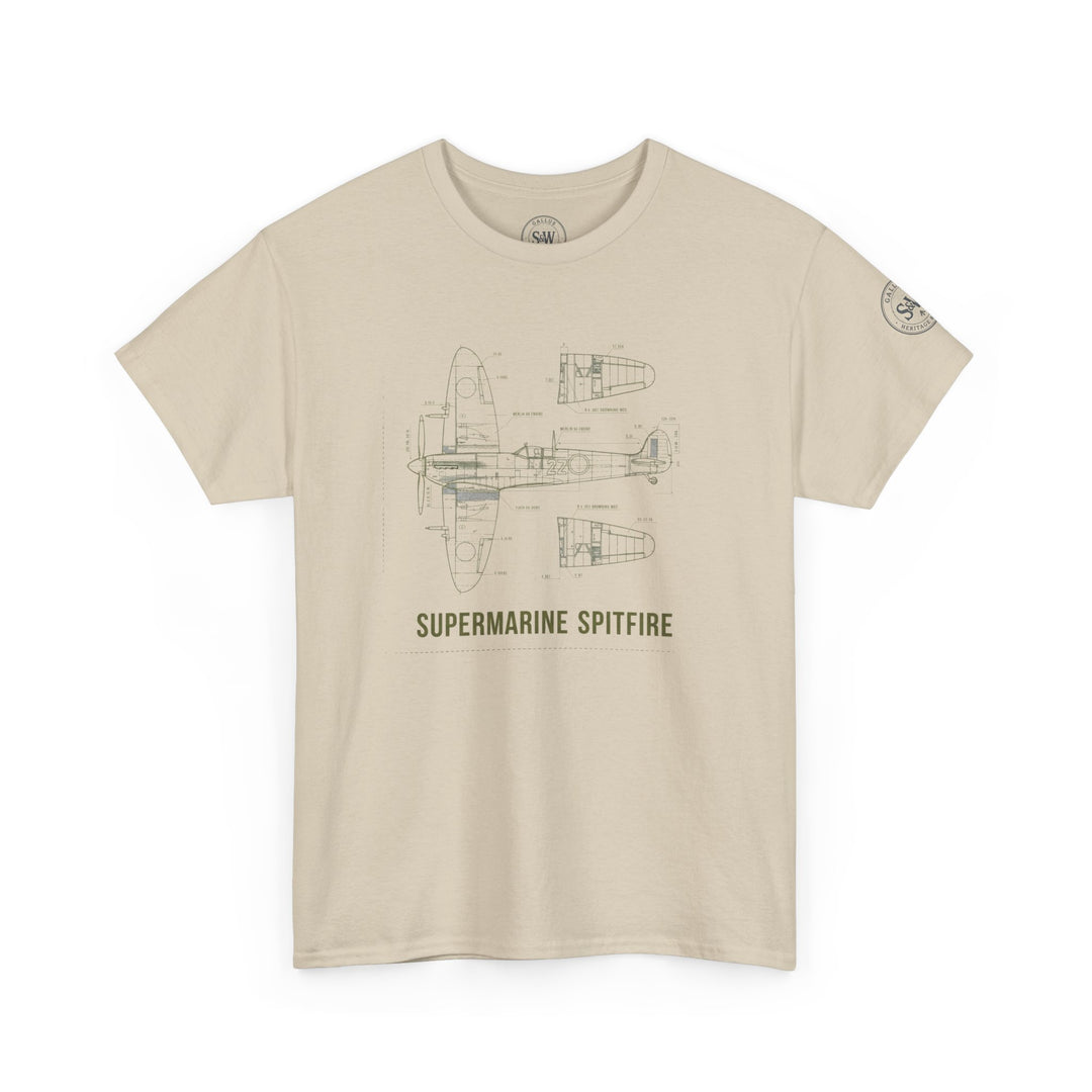 Beige t-shirt with Spitfire blueprint by S&amp;W Gallus, featuring detailed aircraft schematic and logos.
