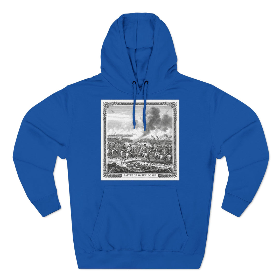 Blue hoodie by S&amp;W Gallus featuring the Battle of Waterloo 1815 graphic on the front.