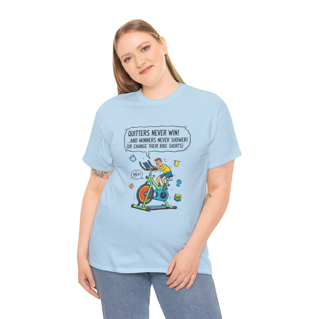 Spin Motivational Tee – soft, breathable cotton featuring an inspiring cycling graphic. Perfect for spin classes, workouts, and active lifestyle wear.