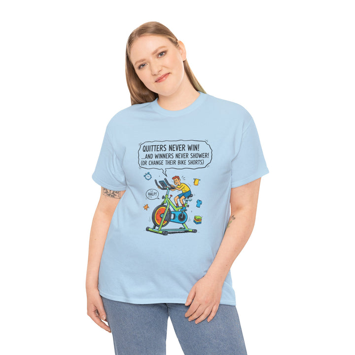 Spin Motivational Tee – soft, breathable cotton featuring an inspiring cycling graphic. Perfect for spin classes, workouts, and active lifestyle wear.