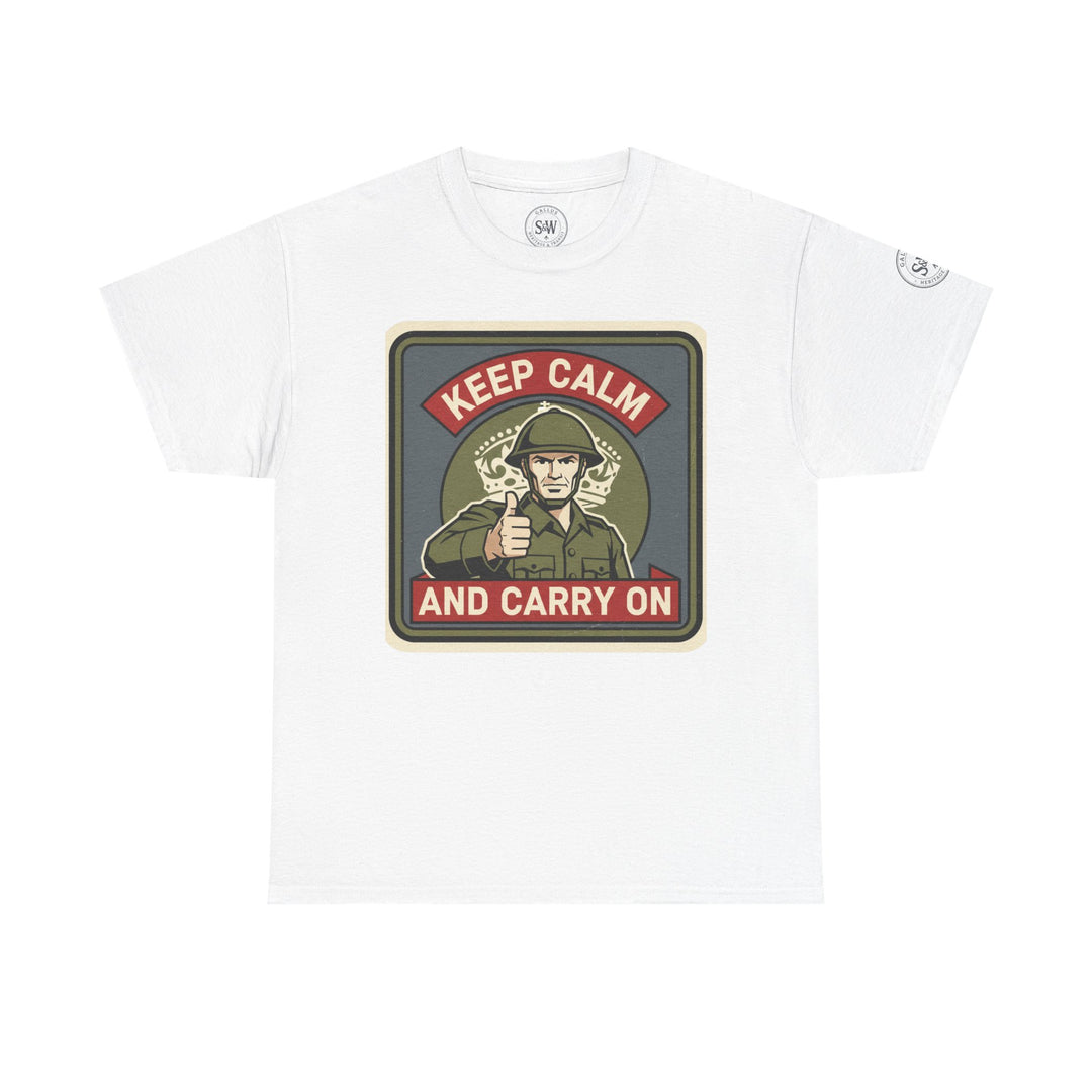White t-shirt by S&amp;W Gallus with a "Keep Calm and Carry On" military graphic on the front.