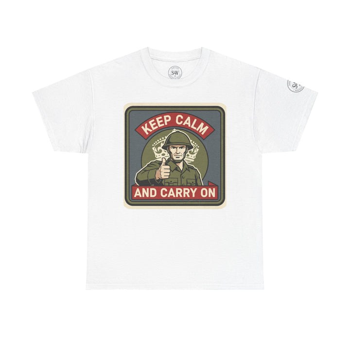 White t-shirt by S&amp;W Gallus with a "Keep Calm and Carry On" military graphic on the front.