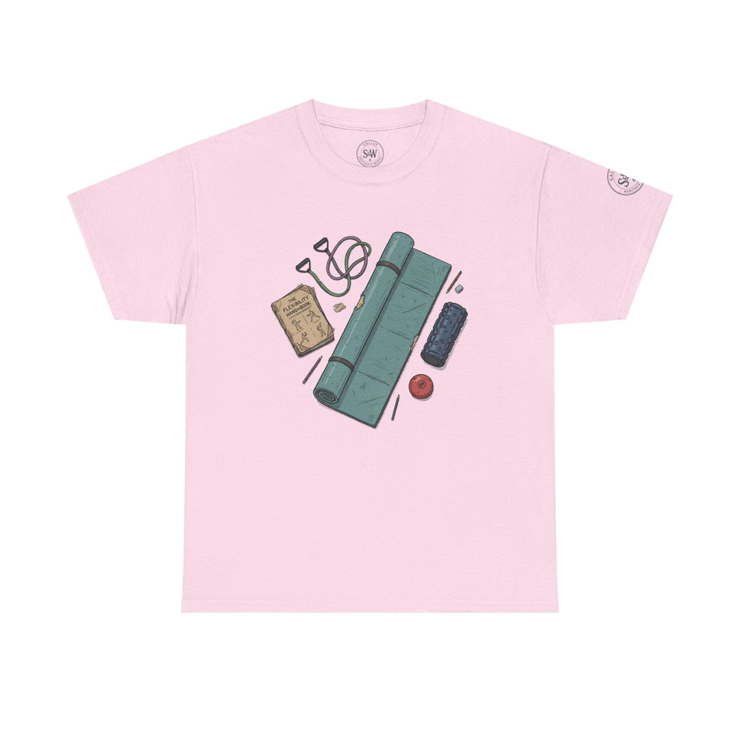 Pink T-shirt by S&amp;W Gallus, featuring an illustration of flexibility tools, including a mat, foam roller, and handbook.