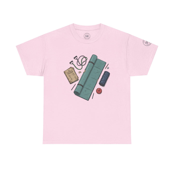 Pink T-shirt by S&amp;W Gallus, featuring an illustration of flexibility tools, including a mat, foam roller, and handbook.