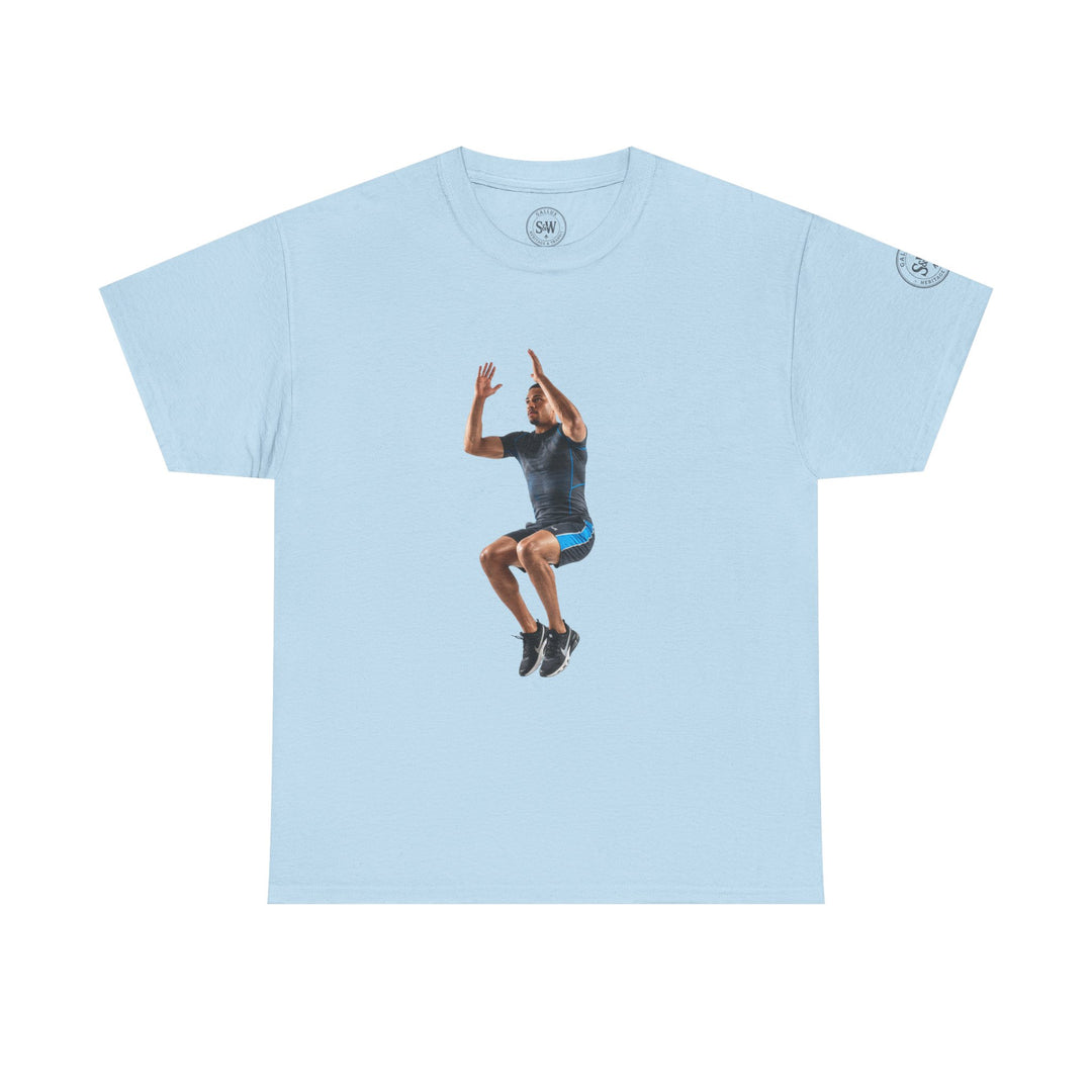 Light blue T-shirt by S&amp;W Gallus featuring a digital graphic of a man jumping in athletic gear.
