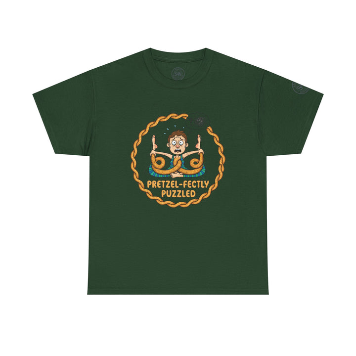 Forest green t-shirt by S&amp;W Gallus with a yoga pretzel design and the text "Pretzel-Fectly Puzzled".